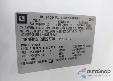 2009 Chevrolet Tahoe Hybrid from USA, damaged, VIN 1GNFK13509R277748